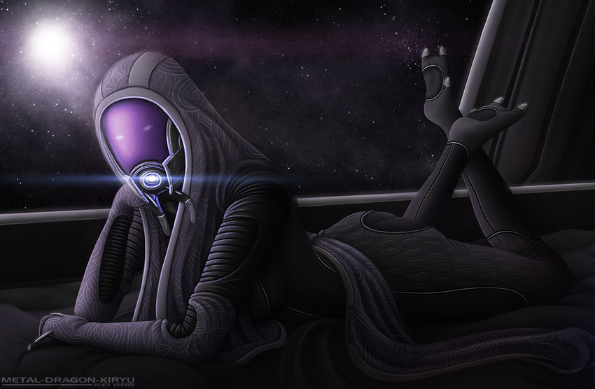 alien bed breasts butt female looking_at_viewer lying mass_effect quarian solo space suit tali'zorah_nar_rayya tali'zorah_nar_rayya