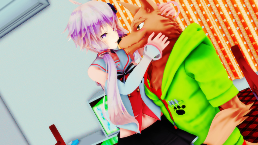 2018 3d_(artwork) anthro black_nose blush canine clothed clothing digital_media_(artwork) female hair human male male/female malicekira mammal nose_kiss purple_hair smile sou_notamine utau vocaloid wolf yukari_yuzuki