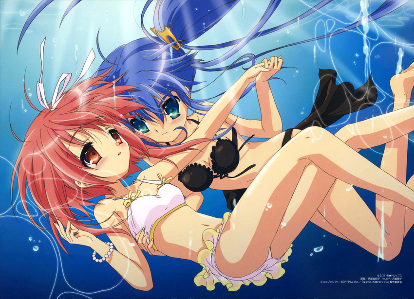 2girls absurdres akihime_sumomo bikini blue_hair breasts cleavage freediving green_eyes highres ibe_yukiko long_hair multiple_girls nanatsuiro_drops red_eyes red_hair short_hair swimsuit underwater yuri yuuki_nona