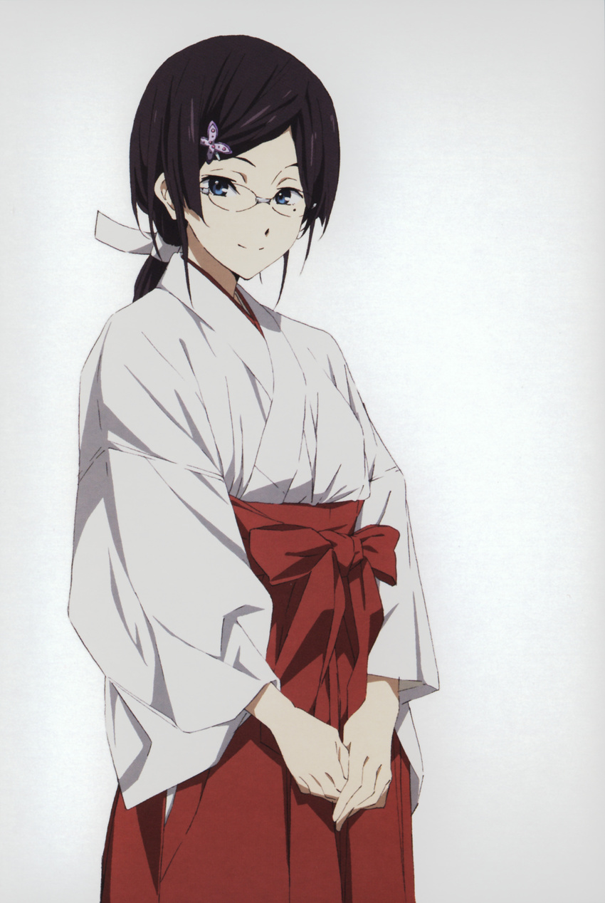 absurdres black_hair blue_eyes glasses hair_ornament hakama hands_together highres hyouka japanese_clothes juumonji_kaho long_hair looking_at_viewer miko mole official_art ponytail red_hakama rimless_eyewear scan simple_background smile solo standing white_background