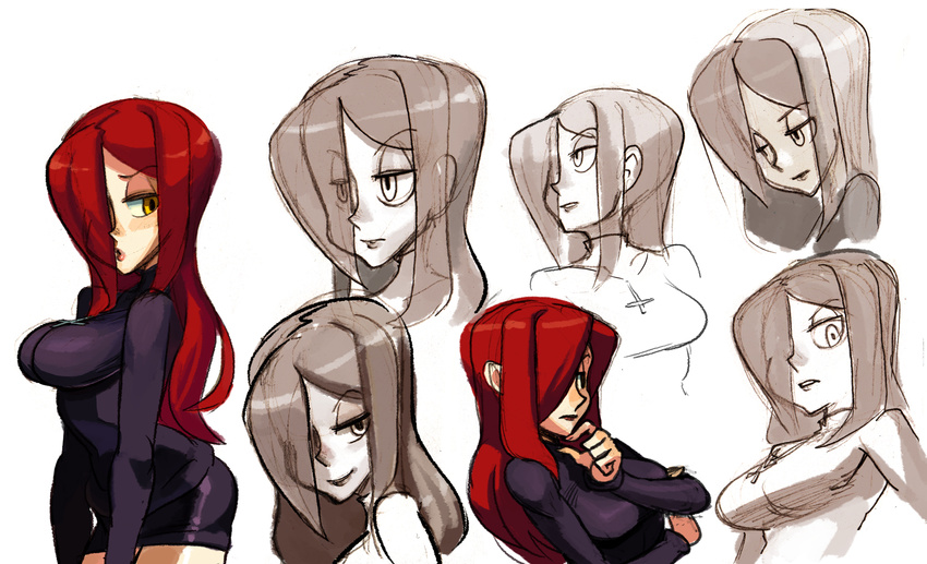 1girl alex_ahad breasts concept_art cross cross_necklace hair_over_one_eye highres large_breasts long_hair parasoul_(skullgirls) red_hair skirt skullgirls solo sweater yellow_eyes
