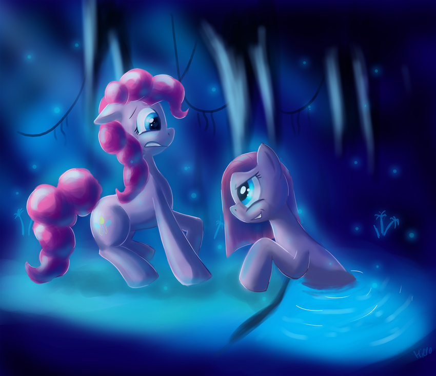 animal_ears blue_eyes cutie_mark duality duo equine female feral friendship_is_magic fur hair hieronymuswhite horse inside mammal mirror_pool my_little_pony pink_fur pink_hair pinkamena_(mlp) pinkie_pie_(mlp) pony square_crossover water