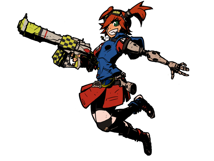 borderlands borderlands_2 gaige gloves goggles green_eyes grin gun highres jewelry necklace pantyhose prosthesis red_hair smile solo twintails weapon