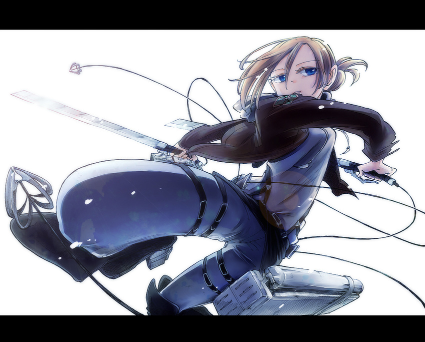 action annie_leonhardt bad_id bad_pixiv_id blade blonde_hair blue_eyes boots colored_eyelashes dcba denim dual_wielding emblem hair_between_eyes hair_up holding jacket jeans jumping letterboxed pants paradis_military_uniform shingeki_no_kyojin short_hair solo sword thigh_strap three-dimensional_maneuver_gear training_corps_(emblem) uniform weapon white_background