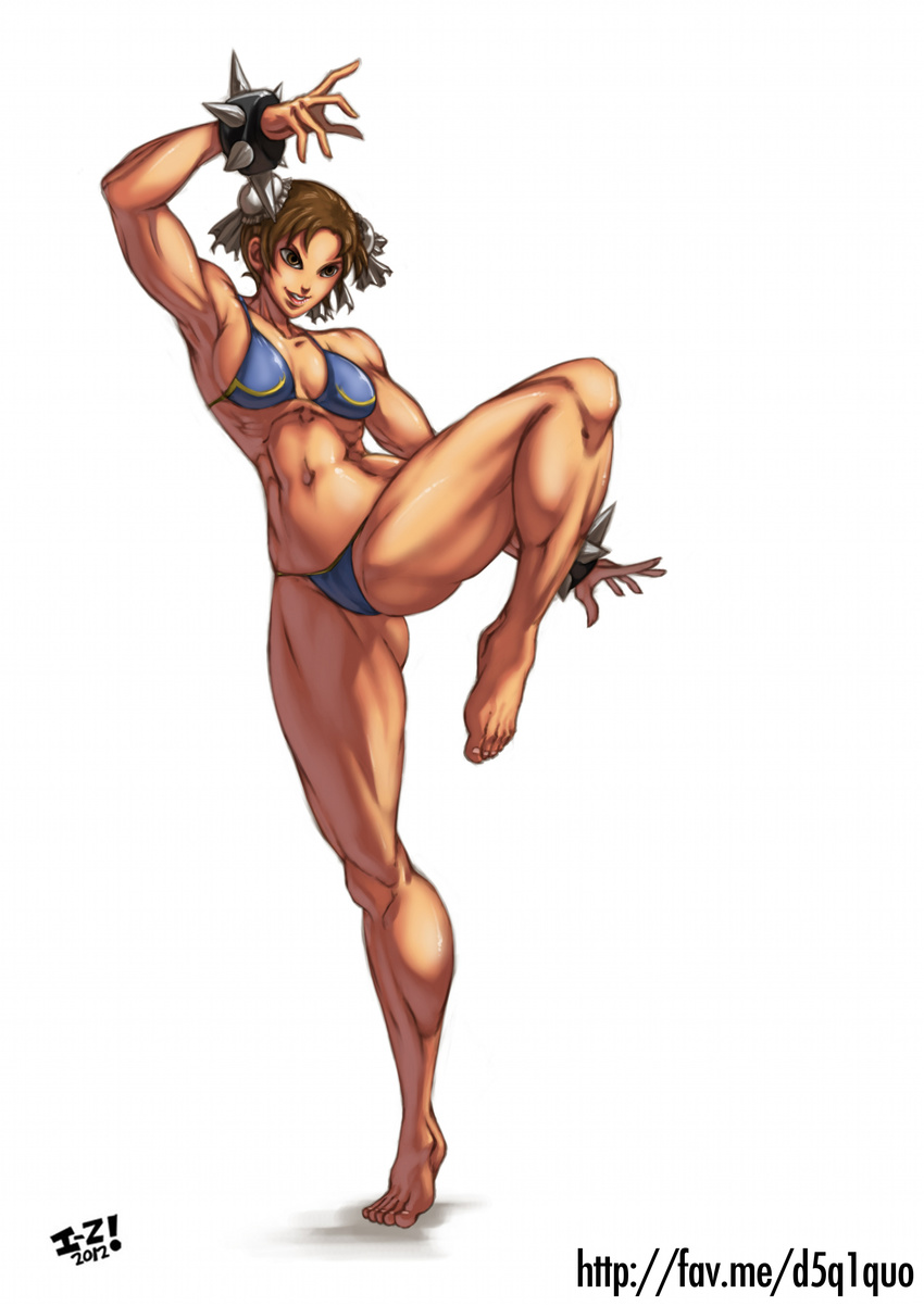 absurdres adapted_costume armpits barefoot bikini blue_bikini bracelet breasts brown_eyes brown_hair bun_cover chun-li double_bun feet full_body highres irving-zero jewelry lips medium_breasts navel plantar_flexion short_hair sideboob solo spiked_bracelet spikes standing standing_on_one_leg street_fighter swimsuit thick_thighs thighs toenails toes toned