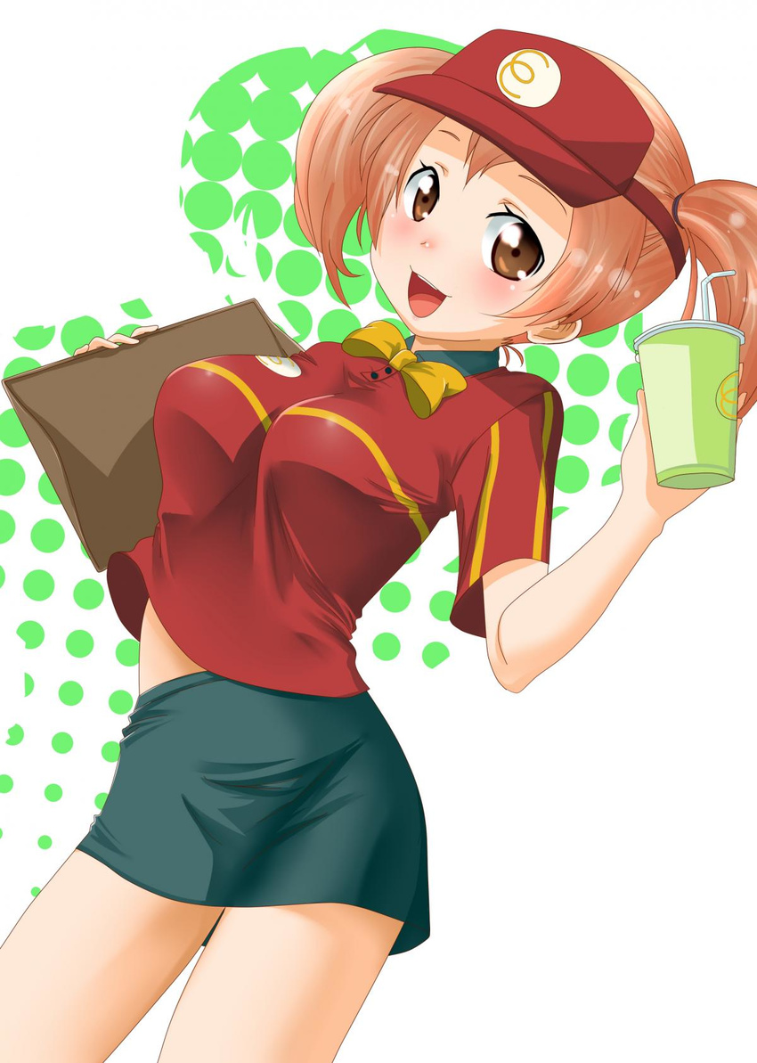 bad_id bad_pixiv_id bow bowtie breasts brown_eyes brown_hair drink employee_uniform fast_food_uniform hataraku_maou-sama! highres impossible_clothes impossible_shirt large_breasts mcdonald's miniskirt pencil_skirt polo_shirt ryuc4883 sasaki_chiho shirt short_twintails skirt smile solo t-shirt tray twintails uniform visor_cap