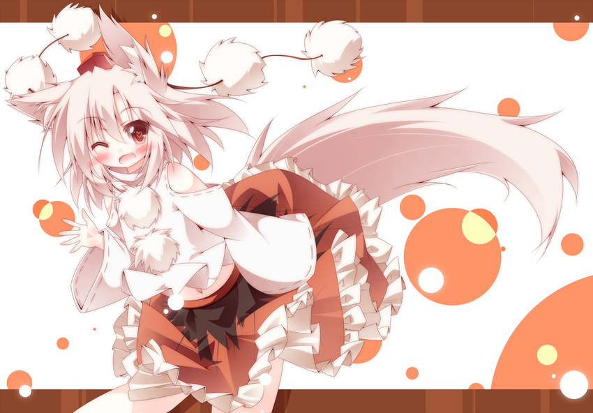 animal_ears bare_shoulders blush daidai_ookami detached_sleeves fang hat heart heart-shaped_pupils highres inubashiri_momiji long_sleeves one_eye_closed open_mouth red_eyes short_hair silver_hair skirt smile solo symbol-shaped_pupils tail tokin_hat touhou turtleneck wide_sleeves wolf_ears wolf_tail