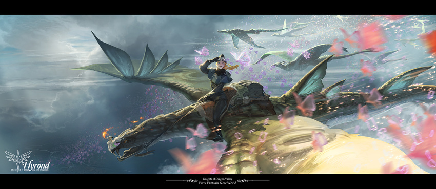 blonde_hair blue_eyes bug butterfly dragon flying highres insect long_hair open_mouth pixiv_fantasia pixiv_fantasia_new_world riding solo yuuki_youichi