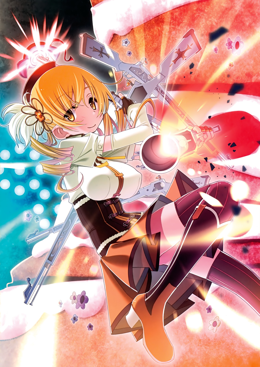 absurdres beret blonde_hair detached_sleeves drill_hair gun hair_ornament hat highres magical_musket mahou_shoujo_madoka_magica rifle thighhighs tomoe_mami twin_drills twintails weapon yellow_eyes
