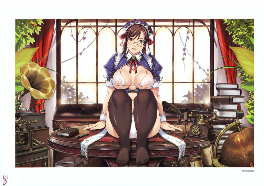 1girl absurdres areolae bikini_top blush book braid breasts brown_hair curtains day feet glasses green_eyes highres large_breasts legs long_hair looking_at_viewer maid maid_headdress open_clothes panties pantyhose pencil phone plant see-through sei_shoujo sitting smile solo starless sunlight table thighhighs thighs toes twin_braids underwear white_panties window