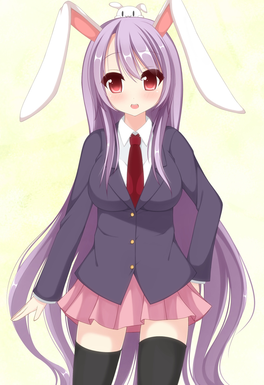 animal animal_ears animal_on_head black_legwear blazer blush breasts bunny bunny_ears chimunge highres inaba jacket large_breasts long_hair looking_at_viewer necktie on_head pleated_skirt purple_hair red_eyes red_neckwear reisen_udongein_inaba skirt solo thighhighs touhou very_long_hair zettai_ryouiki