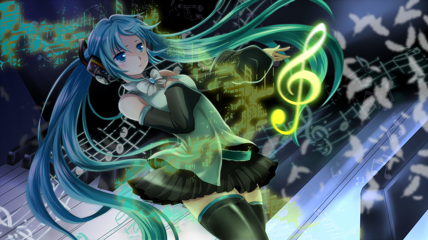 aqua_hair blue_eyes bow bowtie detached_sleeves hand_on_own_chest hatsune_miku headphones highres long_hair mariwai_(marireroy) musical_note outstretched_arm skirt solo thighhighs twintails very_long_hair vocaloid