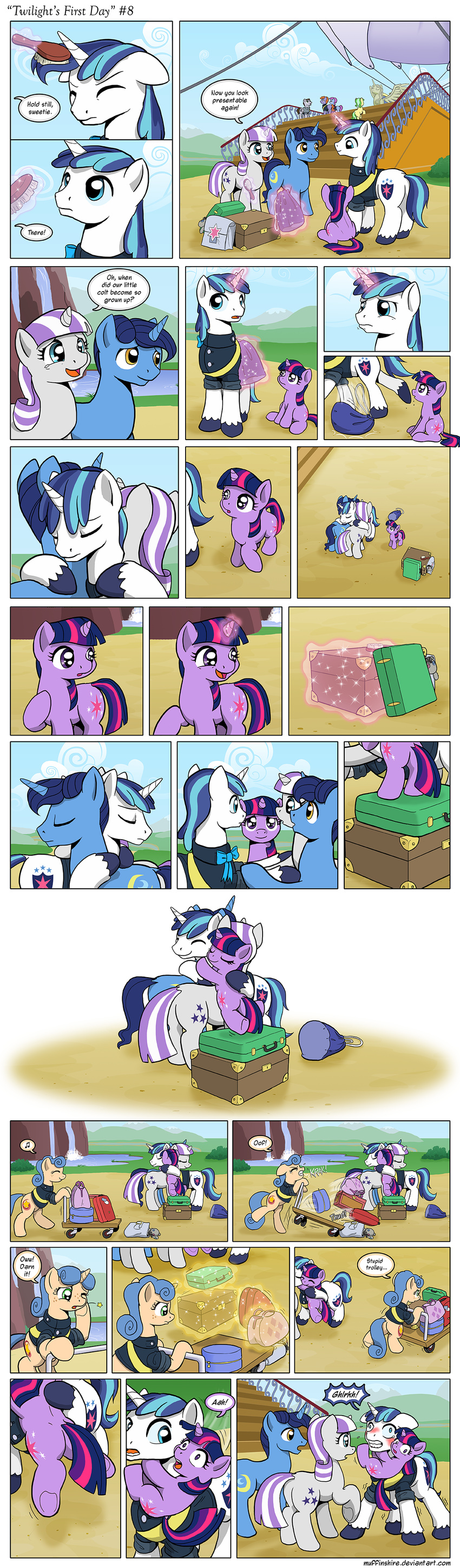 bag bags blue_eyes blush brother_and_sister brush clothing comic couple cutie_mark doll equine father female feral freckles friendship_is_magic group horn horse hug male mammal mother muffinshire musical_note my_little_pony outside parent pony shining_armor shining_armor_(mlp) sibling smile trolley twilight_sparkle_(mlp) unicorn