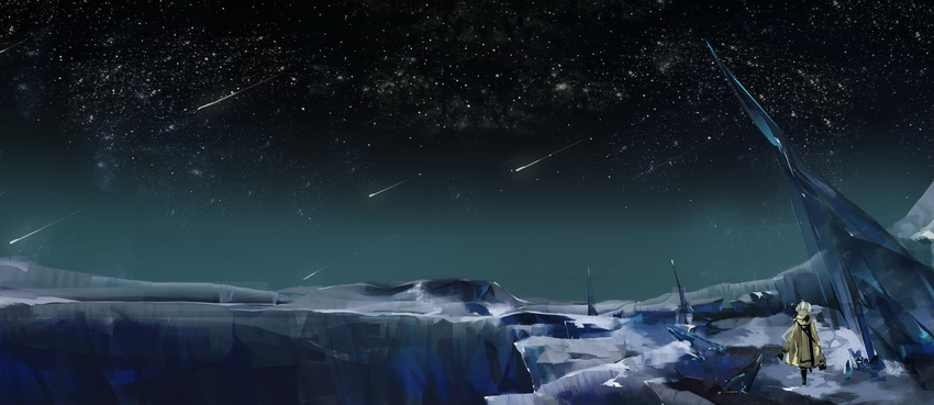 cape comet highres katana landscape long_hair looking_up night night_sky open_mouth pixiv_fantasia pixiv_fantasia_new_world pointy_ears ponytail saberiii scarf scenery sky star_(sky) starry_sky sword walking weapon