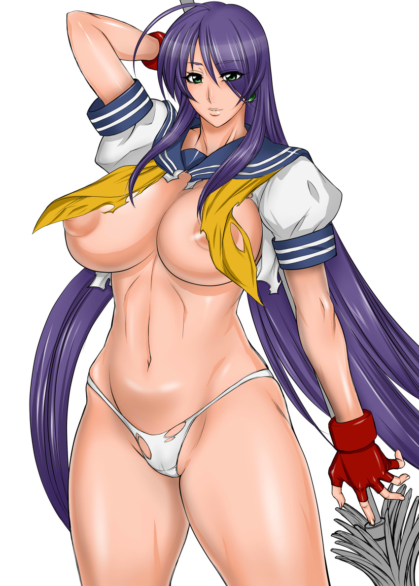 1girl absurdres breasts gloves green_eyes highres ikkitousen kan'u_unchou kan'u_unchou large_breasts long_hair midou_tsukasa panties purple_hair school_uniform solo torn_clothes underwear white_panties