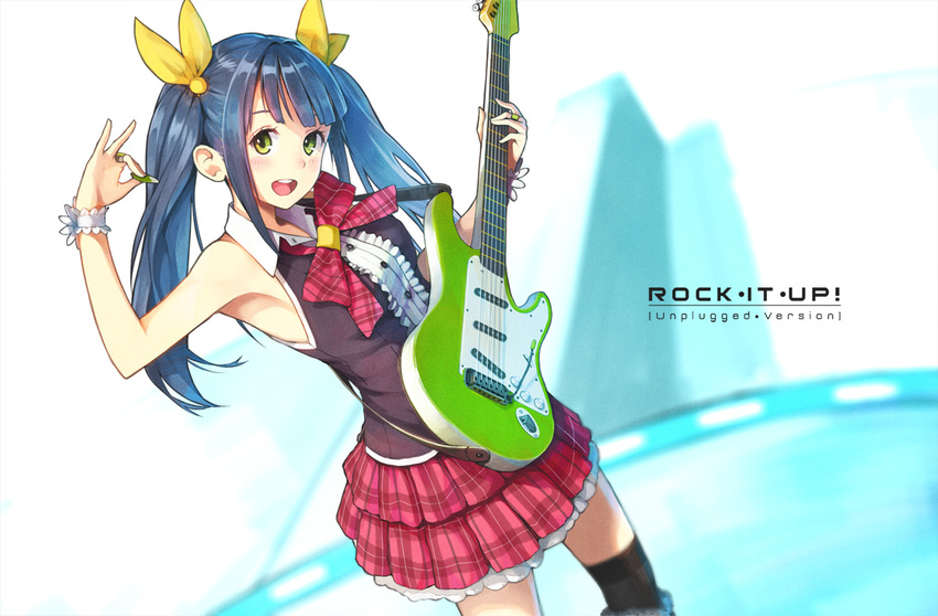 armpits blue_hair efmoe guitar instrument long_hair open_mouth original plectrum skirt sleeveless smile solo thighhighs twintails