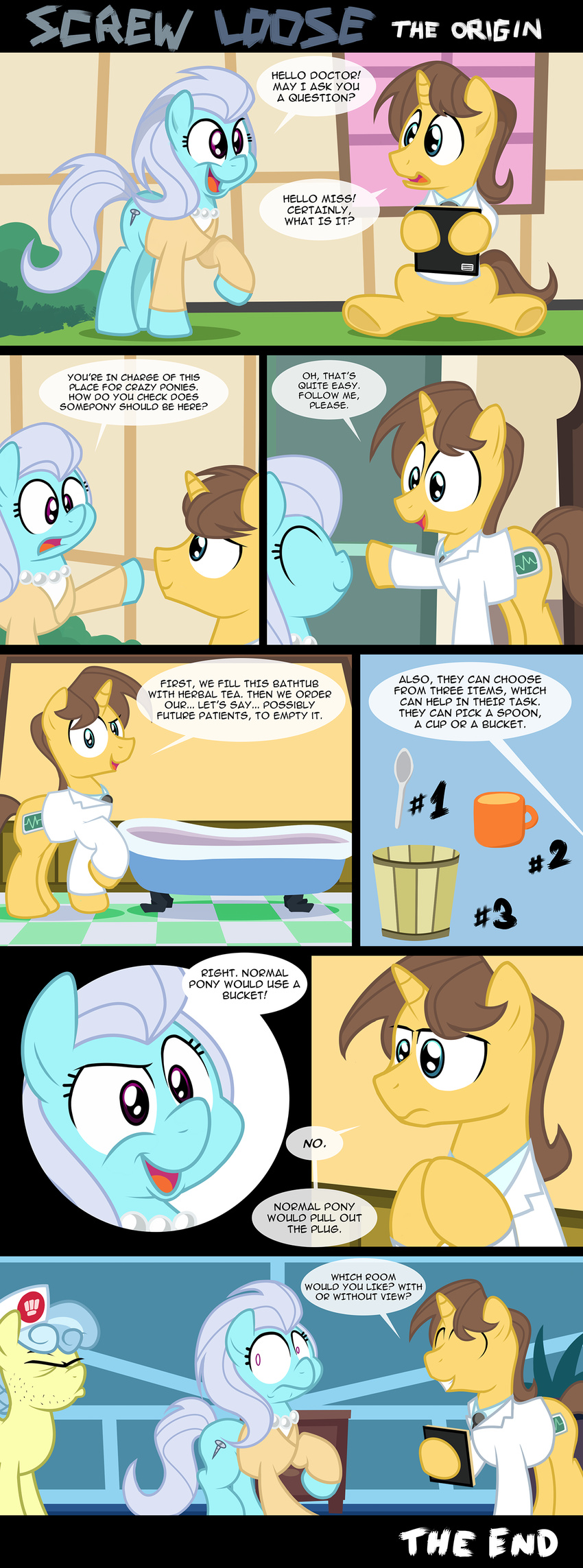 bath blue_eyes brown_hair bucket clothing comic cup cutie_mark czudakx dialog doctor doctor_stable_(mlp) english_text equine facial_hair female feral friendship_is_magic hair horn horse male mammal my_little_pony necklace nurse pony purple_eyes screw_loose_(mlp) spoon text unicorn water white_hair