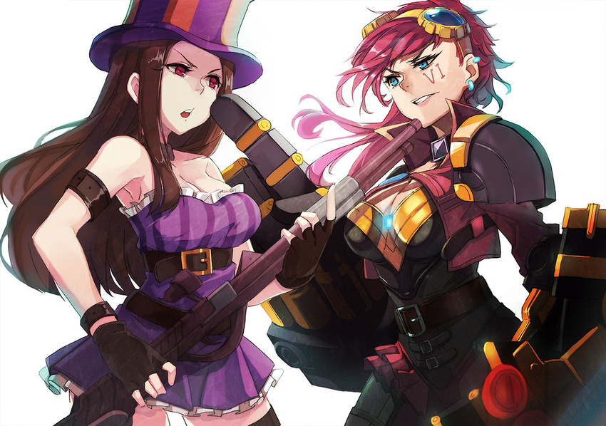 caitlyn_(league_of_legends) clenched_hands league_of_legends red_hair vi vi_(league_of_legends) weapon