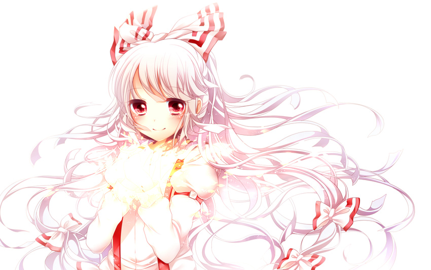 bad_id bad_pixiv_id bow burning_hand commentary crying crying_with_eyes_open fire flame fujiwara_no_mokou hair_bow hair_ribbon juliet_sleeves long_hair long_sleeves looking_at_viewer pink_eyes puffy_sleeves ribbon sanotsuki shirt silver_hair simple_background smile solo suspenders tears touhou tress_ribbon upper_body very_long_hair white_background