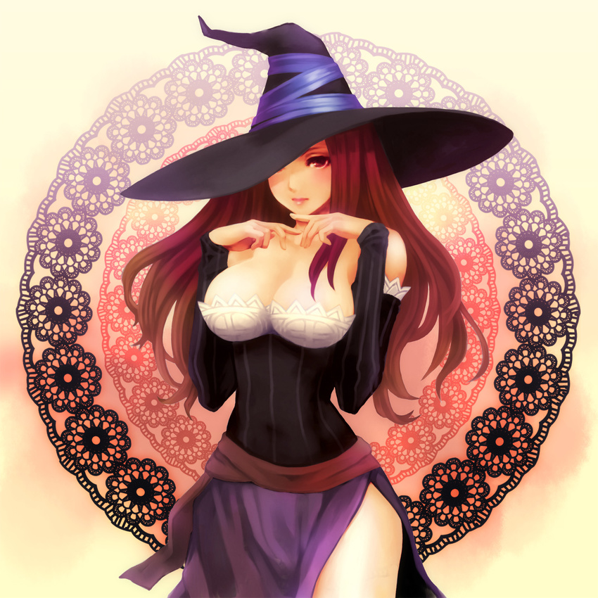 bare_shoulders breasts brown_hair cleavage detached_sleeves dragon's_crown dress funako hat hat_over_one_eye highres large_breasts long_hair red_eyes side_slit solo sorceress_(dragon's_crown) strapless strapless_dress witch_hat