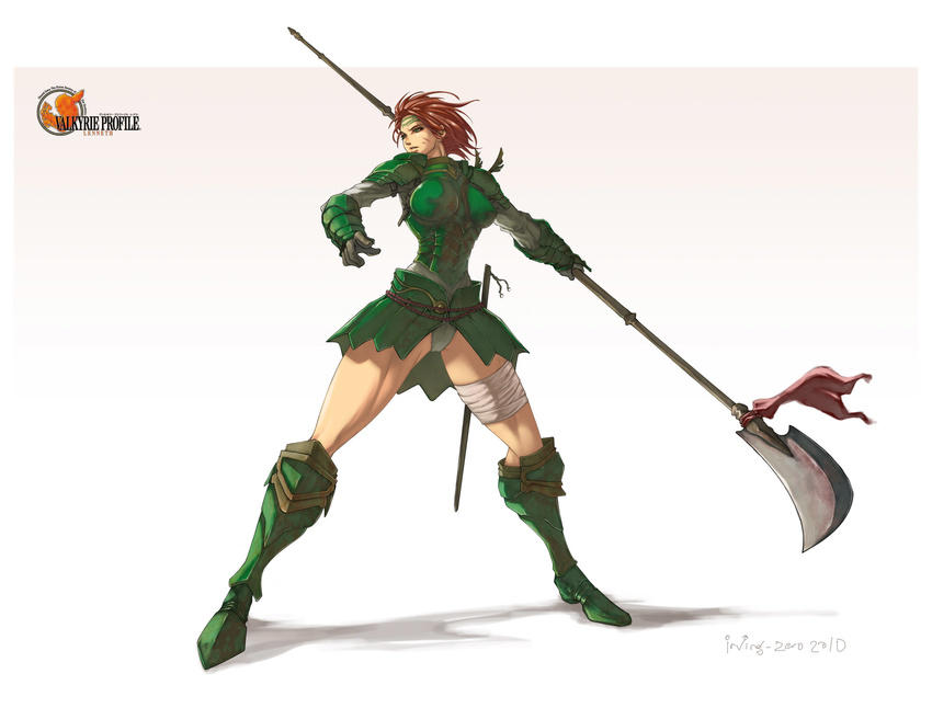 aelia armor bandages blue_eyes boots breasts brown_hair glaive greaves highres irving-zero large_breasts polearm sheath sheathed short_hair solo sword valkyrie_profile vambraces weapon