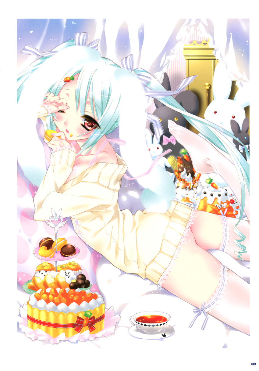 absurdres arched_back ass bed cake candy copyright_request cup dress feet food garters green_hair highres kamiya_maneki lying macaron on_stomach red_eyes scan solo stuffed_animal stuffed_bunny stuffed_toy sweater sweater_dress teacup thighhighs tiered_tray