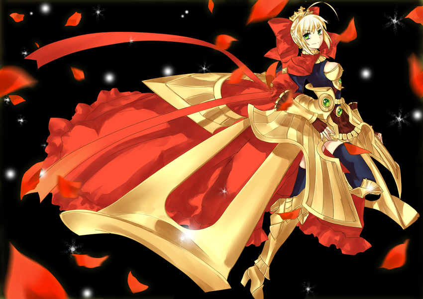 ahoge armor armored_dress blonde_hair bow crown dress fate/extra fate/extra_ccc fate_(series) greaves green_eyes hair_bow high_heels highres nero_claudius_(fate) nero_claudius_(fate)_(all) ribbon shoes silangwan solo thighhighs