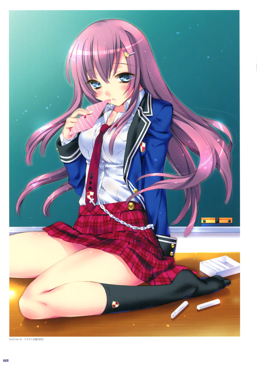 absurdres blazer blue_eyes blush chain chalk copyright_request desk hair_ornament hairclip hairpin highres jacket kamiya_maneki letter long_hair looking_at_viewer love_letter necktie on_desk pink_hair scan school_uniform sitting sitting_on_desk socks solo wariza