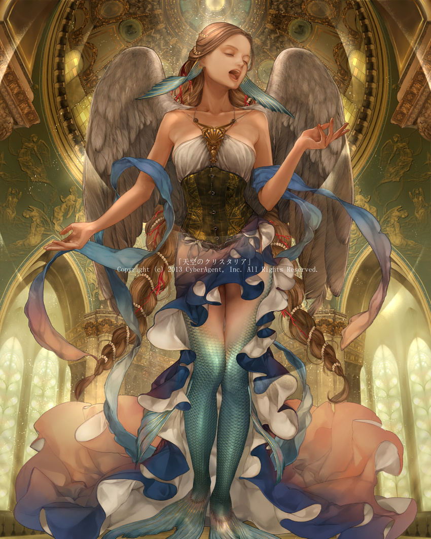 angel_wings bad_id bad_pixiv_id bare_shoulders braid brown_hair church closed_eyes hair_ornament highres long_hair mermaid monster_girl official_art pearl roe_(d-c_-b) scales solo stained_glass standing tenkuu_no_crystalia twin_braids very_long_hair watermark window wings