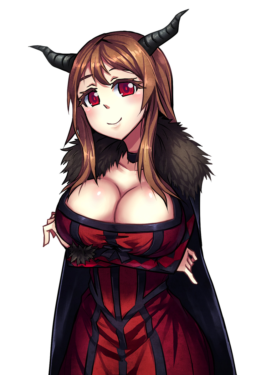 1girl breasts brown_hair cleavage crossed_arms highres horns large_breasts long_hair maou_(maoyuu) maoyuu_maou_yuusha red_eyes samael_(5211) smile solo