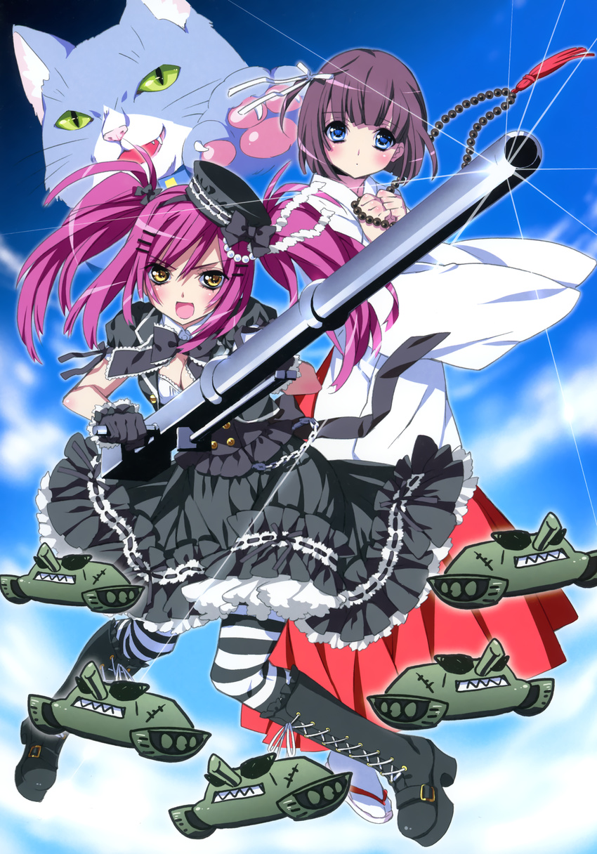 :d absurdres animal black_legwear blue_eyes boots breasts brown_hair cannon caricature cat caterpillar_tracks cleavage copyright_request evil glint gothic_lolita ground_vehicle gun highres holding holding_gun holding_weapon japanese_clothes kamiya_maneki kimono lens_flare lolita_fashion long_hair looking_at_viewer medium_breasts miko military military_uniform military_vehicle motor_vehicle multiple_girls open_mouth purple_hair smile striped striped_legwear tank tareme thighhighs uniform weapon whiskers yellow_eyes