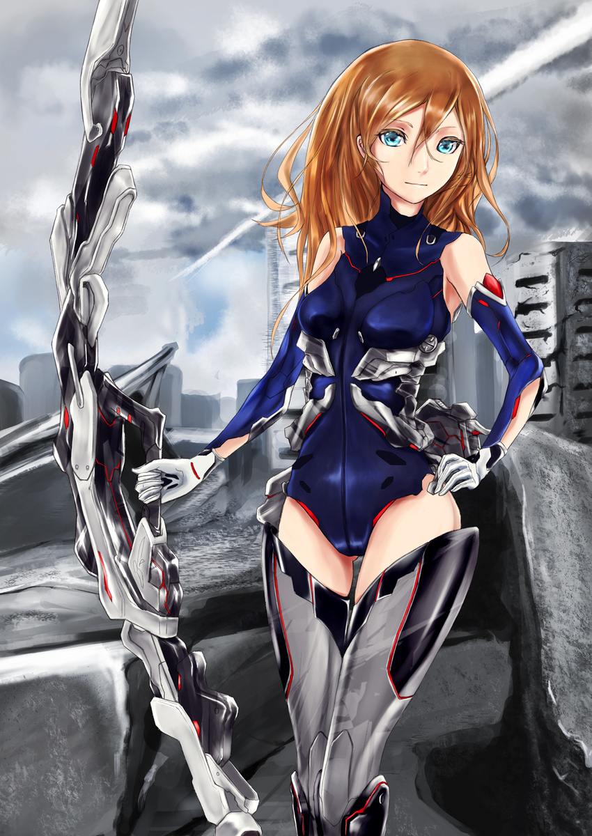 armor armored_boots blue_eyes blue_leotard bodysuit boots bow_(weapon) breasts brown_hair elbow_gloves gloves hair_between_eyes hand_on_hip highres holding holding_weapon leotard long_hair mecha_musume medium_breasts original saikin skin_tight solo standing thigh_boots thighhighs weapon zettai_ryouiki