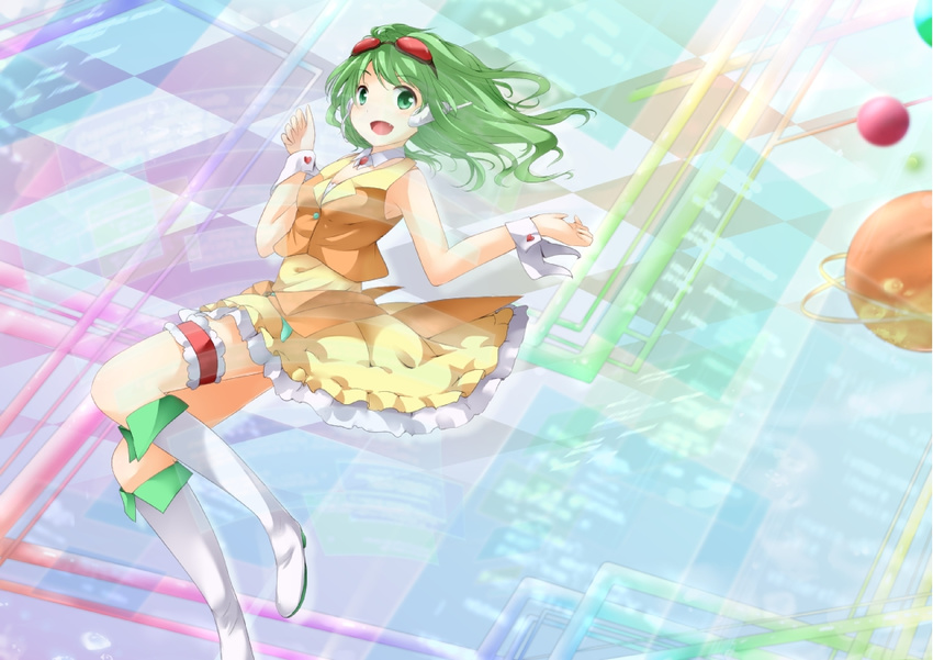 boots chro fang goggles goggles_on_head green_eyes green_hair gumi headset open_mouth orb skirt skirt_set smile solo vocaloid wrist_cuffs