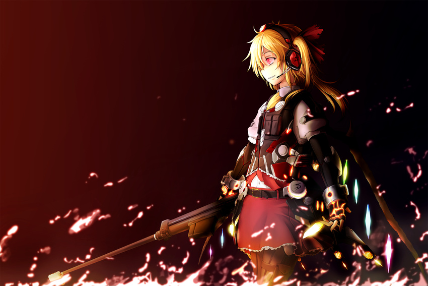 anti-materiel_rifle anti-tank_rifle blonde_hair fire flak_jacket flandre_scarlet freeze-ex glowing glowing_eyes gun headset highres red_eyes rifle short_hair side_ponytail skirt skirt_set smile sniper_rifle solo touhou weapon wings