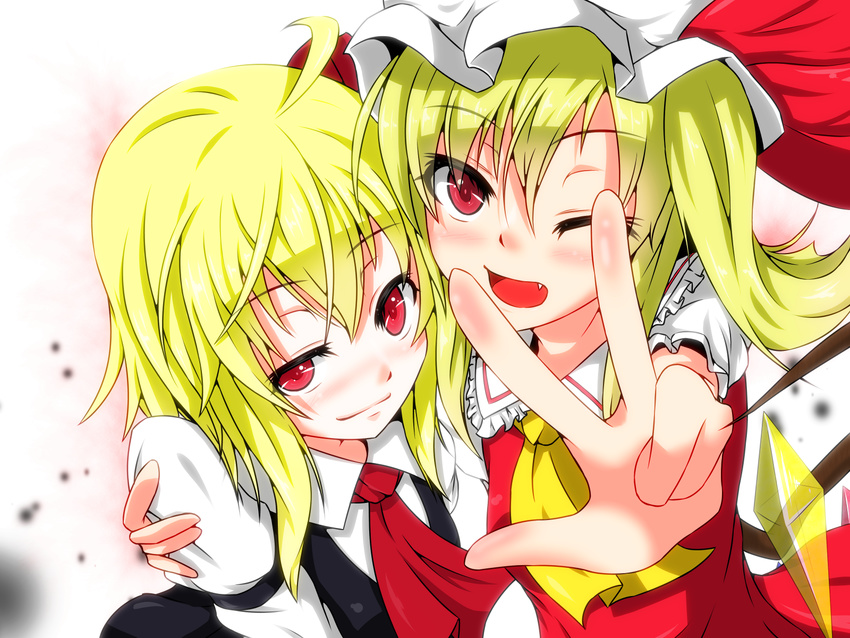 ;d ahoge arm_garter ascot blonde_hair blush bow dress_shirt eyelashes fang flandre_scarlet foreshortening frills hair_bow happy hat hat_bow highres hug light_smile looking_at_viewer mob_cap multiple_girls one_eye_closed open_mouth outstretched_arm red_eyes rumia s-ghost shirt short_hair simple_background skirt skirt_set smile touhou uneven_eyes v vest white_shirt wings