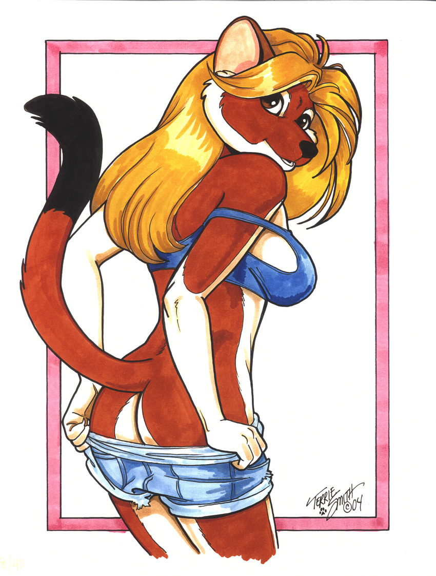 absurd_res anthro blonde_hair brown_eyes butt cat feline female hair hi_res looking_at_viewer mammal pinup pose solo terrie_smith traditional_media undressing