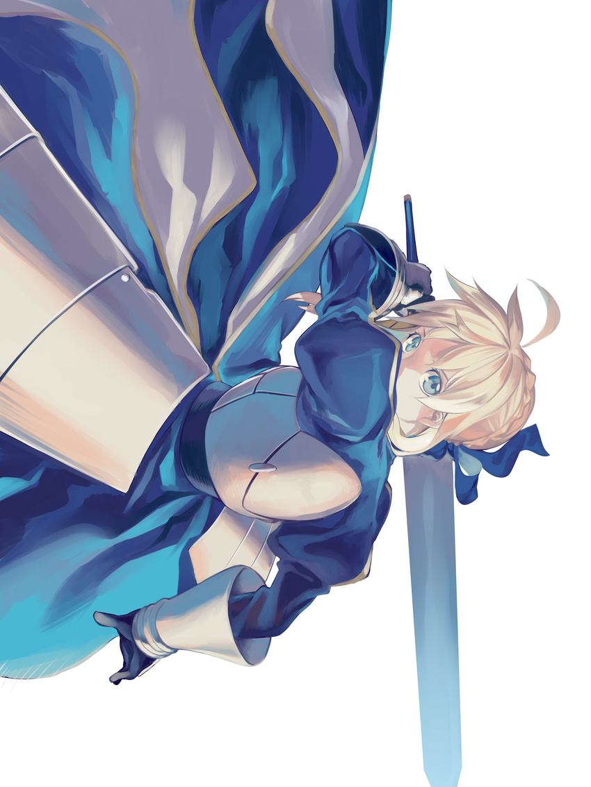 absurdres ahoge armor armored_dress artoria_pendragon_(all) blonde_hair breastplate excalibur fate/stay_night fate_(series) faulds gauntlets green_eyes highres hullabaloo juliet_sleeves long_sleeves puffy_sleeves saber short_hair simple_background solo sword weapon white_background