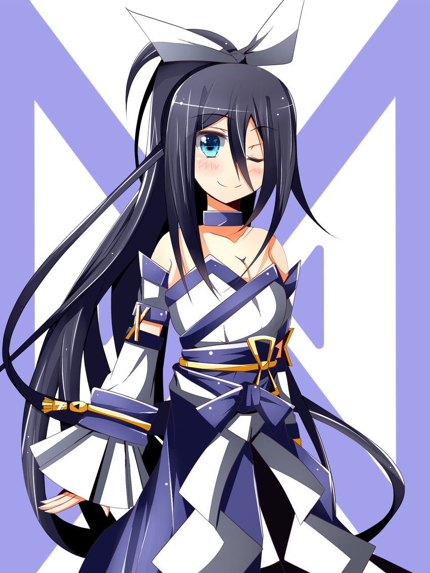 1girl attouteki_yuugi_mugen_souls black_hair blue_eyes breasts choker chou_chou chou_chou_beauty detached_sleeves ehimedaisuki highres japanese_clothes long_hair wink