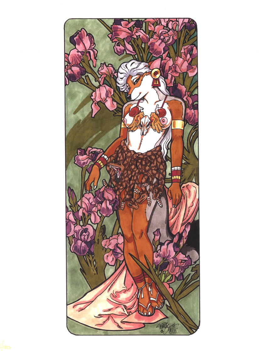 absurd_res anthro belt breasts female flower hair hi_res iris living_clothing nipples pinup pose rattlesnakes snakes solo terrie_smith white_hair