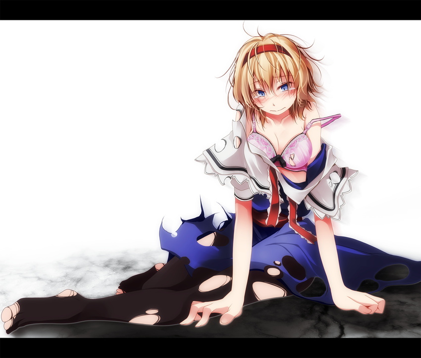 alice_margatroid bad_id bad_pixiv_id blonde_hair blue_eyes bra hairband highres letterboxed pantyhose s-syogo short_hair solo torn_clothes touhou underwear