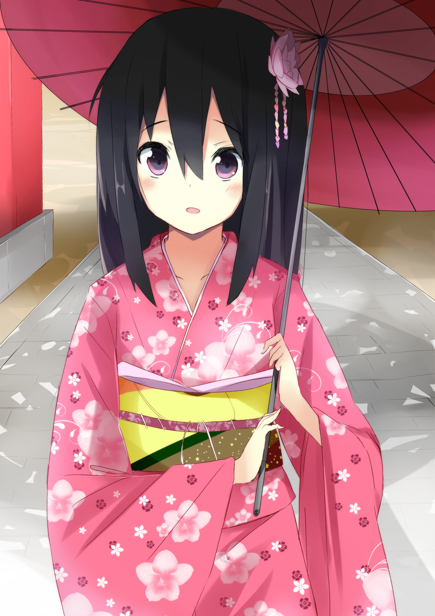 black_hair hair_down highres japanese_clothes k-on! kimono kokumu long_hair nakano_azusa oriental_umbrella purple_eyes umbrella