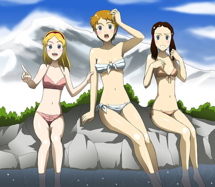 bandeau bikini blonde_hair blue_eyes breasts brown_hair front-tie_top hairband halter_top halterneck hand_on_head hedwig_von_trapp_(trapp_ikka_monogatari) highres kakkii long_hair maria_kutschera_(trapp_ikka_monogatari) maria_von_trapp_(trapp_ikka_monogatari) medium_breasts multiple_girls navel open_mouth pointing short_hair side-tie_bikini sitting small_breasts soaking_feet swimsuit trapp_ikka_monogatari twintails underboob water