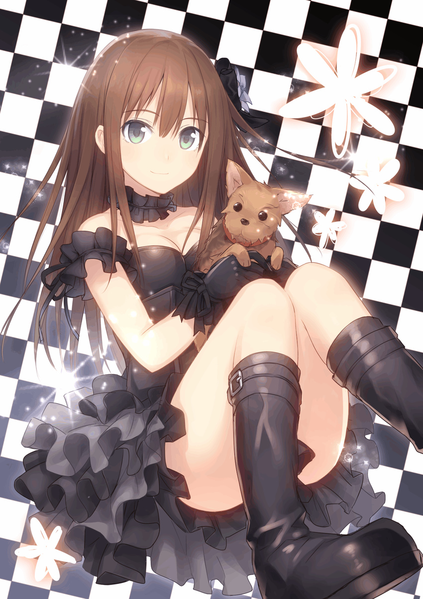 black_dress black_gloves black_gothic_dress_(idolmaster) boots bow brown_hair checkered checkered_background choker dog dress flower frills gloves green_eyes hair_bow hair_flower hair_ornament hanako_(idolmaster) highres hiraga_matsuri holding idolmaster idolmaster_cinderella_girls long_hair shibuya_rin sitting smile solo sparkle yorkshire_terrier