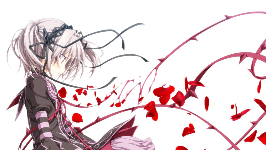 game_cg goth-loli gray_hair hapymaher koku naitou_maia petals purple_software white