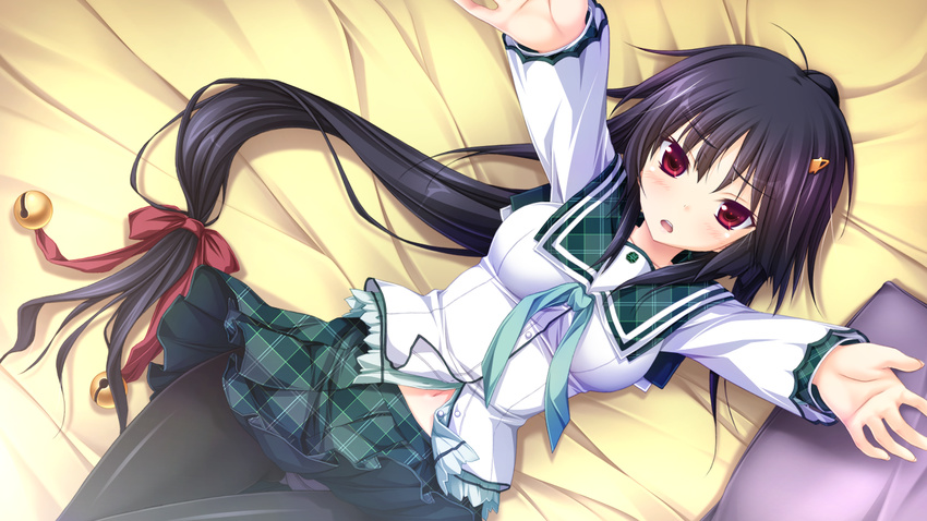 bed black_hair blush game_cg hapymaher hatsuno_saki long_hair pantyhose purple_software red_eyes seifuku tsukimori_hiro