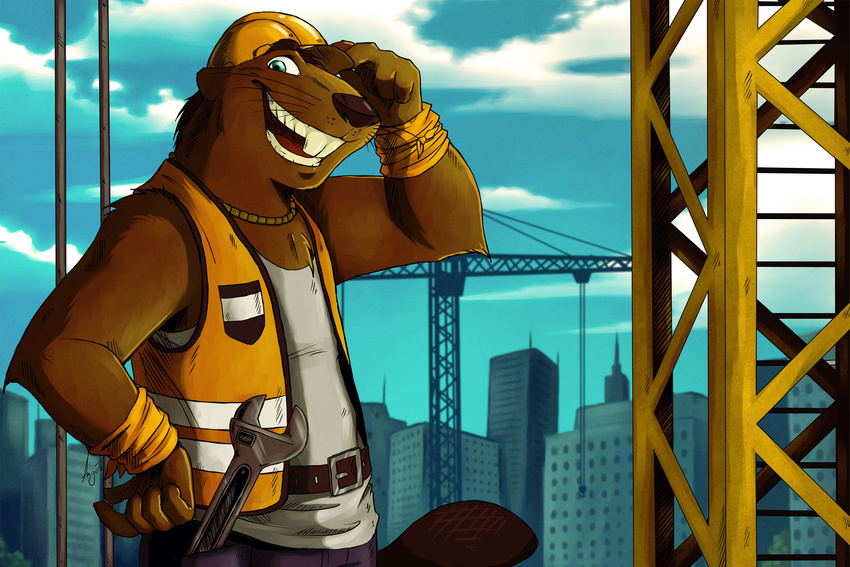 ango76 anthro beaver blue_eyes brown_fur city clothing construction_worker fur green_eyes hi_res looking_at_viewer male mammal rodent solo teeth whiskers wrench