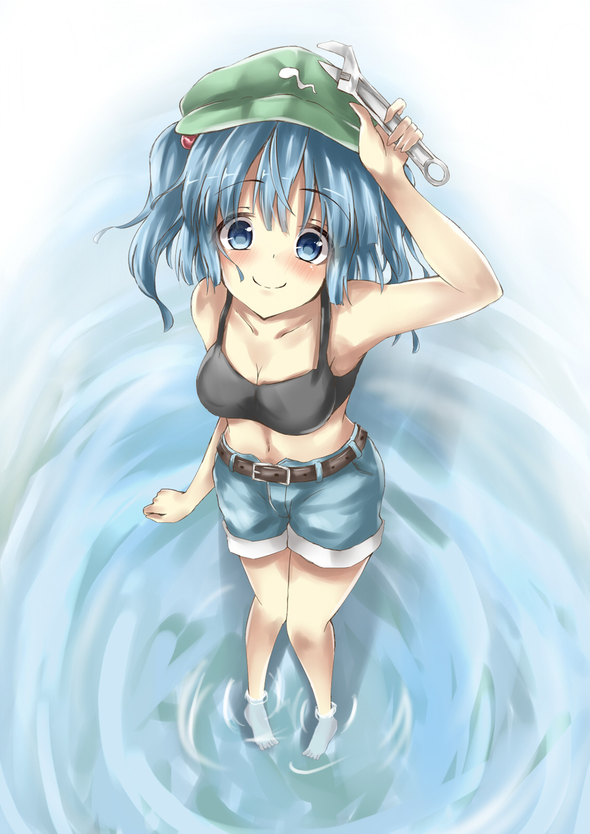 adjustable_wrench alternate_costume barefoot belt blue_eyes blue_hair blush breasts crop_top deetamu denim denim_shorts from_above hair_bobbles hair_ornament hat highres kawashiro_nitori looking_at_viewer medium_breasts short_hair shorts sleeveless smile solo standing tank_top touhou two_side_up wading wrench