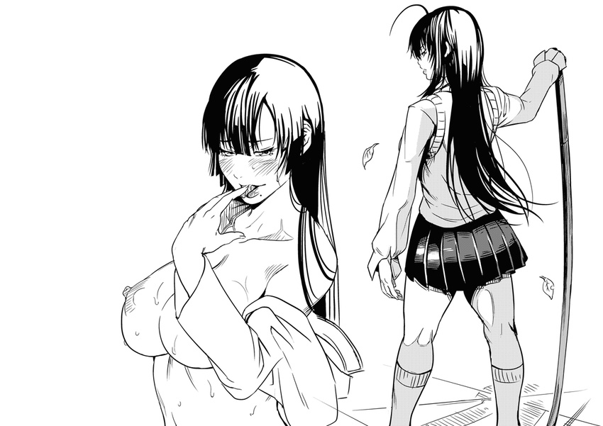 1girl black_hair blush breasts kurofudo large_breasts monochrome nipples