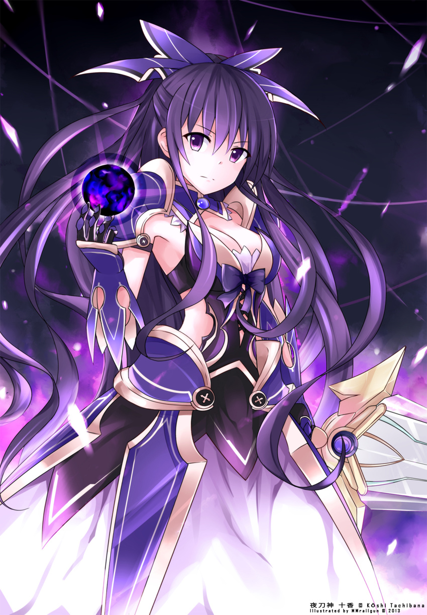2013 armor armored_dress bangs bow breasts cleavage date_a_live dress eyebrows_visible_through_hair gloves hair_bow half_updo highres large_breasts long_hair looking_at_viewer mmrailgun multicolored multicolored_clothes multicolored_dress overskirt purple_eyes purple_hair serious solo sword very_long_hair weapon yatogami_tooka