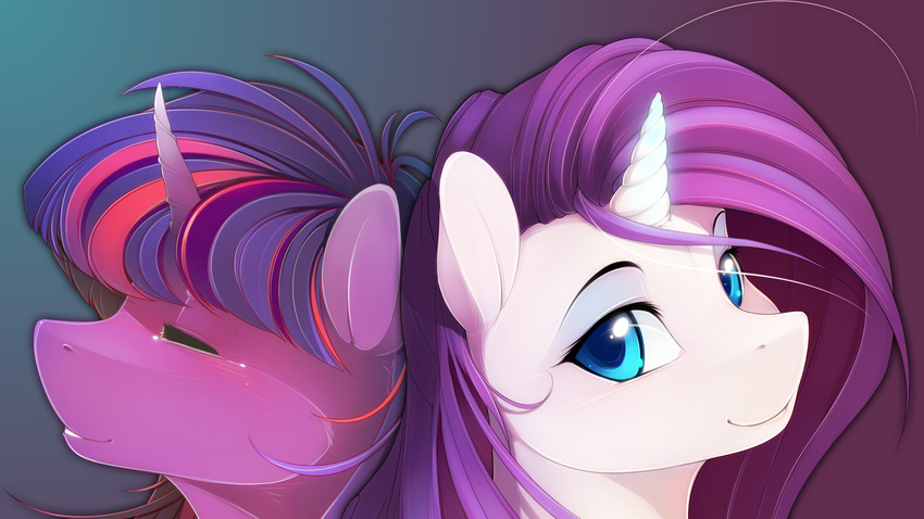 animal_ears blue_eyes duo equine eyes_closed eyeshadow female feral friendship_is_magic fur hair horn horse looking_at_viewer makeup mammal multi-colored_hair my_little_pony pink_hair pony purple_fur purple_hair rarity_(mlp) smile twilight_sparkle_(mlp) two_tone_hair unicorn wallpaper white_fur